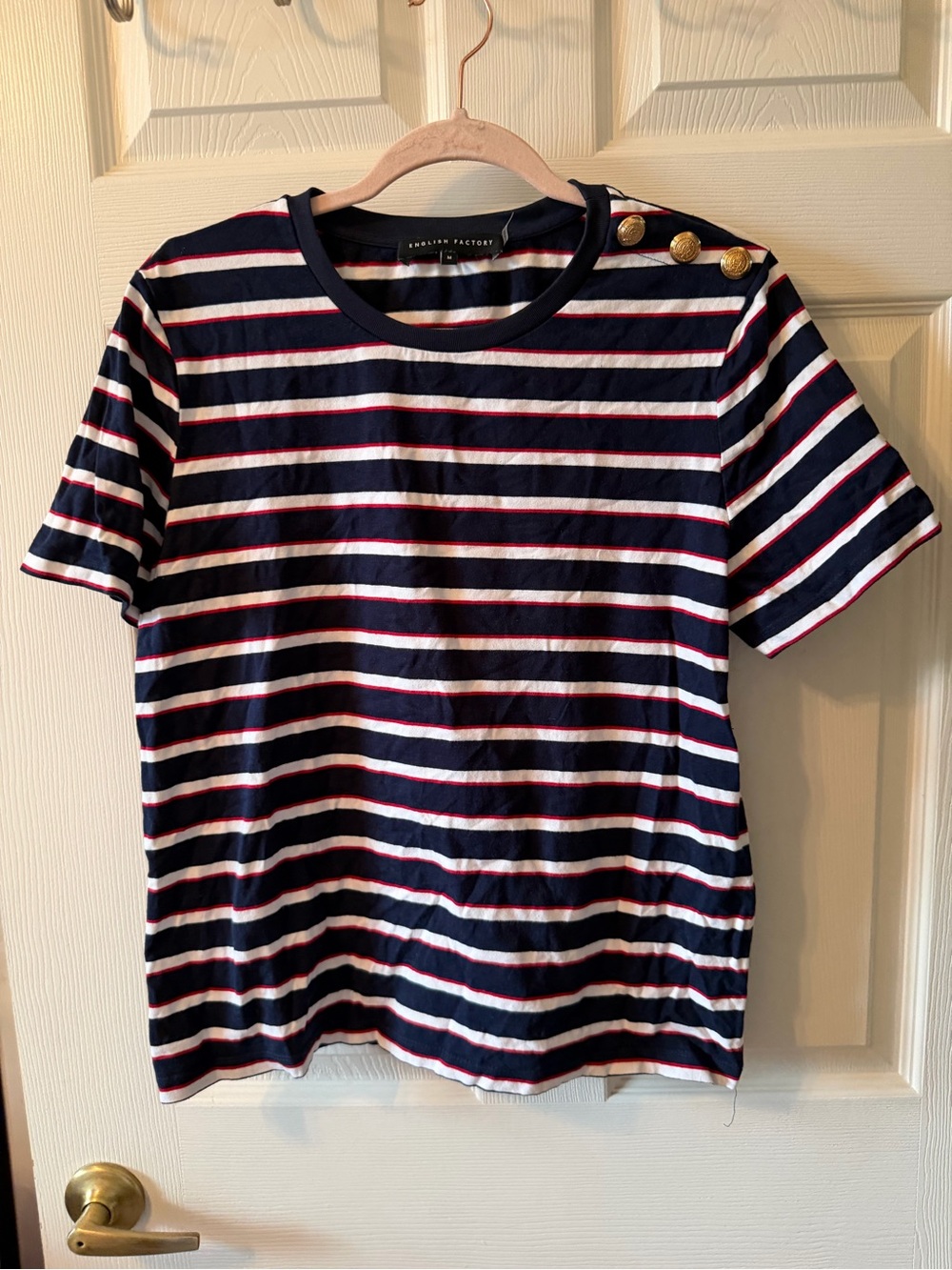 English Factory Navy, White & Red Striped Short Sleeve Tee with Gold Buttons